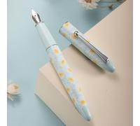 Hongdian C3 - Pluma estilográfica, iridio fino y suave, tallado de nudo chino, azul claro y diseño de margarita pequeña con caja de metal