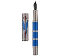 Hongdian D5X - Pluma estilográfica de color azul, punta media, dinastía Qin, retro, grabado de tótem chino, bolígrafo de escritura suave con convertidor y caja de bolígrafo
