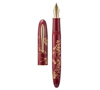 Hongdian N23 - Pluma estilográfica de conejo rojo, hoja larga, punta media, borde dorado, diseño de tallado de conejo de la suerte, de escritura suave con convertidor y caja de bolígrafo de metal