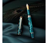 Hongdian N7 - Pluma estilográfica de pistón de resina de pavo real azul, punta extrafina de iridio, bolígrafo de escritura suave con caja de metal
