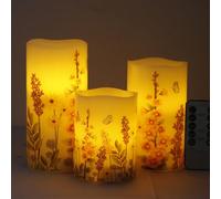 Honge 3 velas LED con control remoto y temporizador, impresas con patrones, LED impermeable sin llama, velas de pilar de cera real, velas parpadeantes sin goteo para Halloween, boda, festival