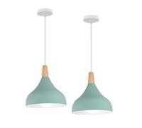 Hongho Lámpara Colgante Moderna E27 para Techo de Salón y Comedor - Ø20 cm Pantalla de Metal y Madera - Luz Verde (2 Unidades)