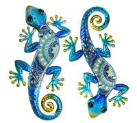 HONGLAND Arte de Pared de geco de Metal, 2 Piezas, decoración de Pared al Aire Libre, Lagarto de Metal, Escultura de Cristal para jardín, Patio, Valla y hogar (Azul)