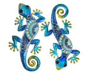 HONGLAND Arte de Pared de geco de Metal, 2 Piezas, decoración de Pared al Aire Libre, Lagarto de Metal, Escultura de Cristal para jardín, Patio, Valla y hogar (Azul)