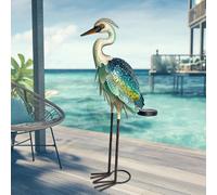 HONGLAND Estatua de grulla de metal de garza solar, escultura de garza de jardín, grulla de vidrio al aire libre, decoración de pájaros del océano costero, adorno de césped de 24 pulgadas para