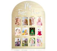 hongpar Tablero de fotos de madera con texto en inglés "My First Year Milestone", 12 marcos de fotos mensuales, letrero acrílico de madera para primer año, decoración de primer cumpleaños, regalo de