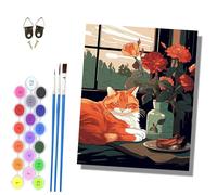 HONGPZH Pintar por Numeros Adultos Pintura por Números Kit de Pintura al óleo de Lienzo DIY para con Pinceles Pigmento Acrílico 40 x 50cm Un gato naranja duerme junto a la ventana rodeado de flores