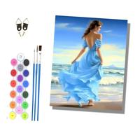 HONGPZH Pintura por números adultos Con marco Kit para principiantes Set incluye pinturas acrílicas y pinceles lienzo de 40 x 50 cm Con marco Una mujer con un vestido azul pasea por la playa.