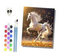 HONGPZH Pintura por Números Adultos Principiantes con Pinceles y Pinturas Acrílicas de Lienzo Decoración Con marco 40 x 50 cm Caballo blanco de alas doradas galopando con hojas doradas