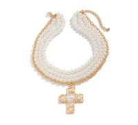HONGXINHAO Collar de perlas y cruces para mujer, elegante gargantilla de capa dorada con colgante llamativo y cadena de hebillas ajustables, as the pic show, Cadena de hierro + perla de imitación +