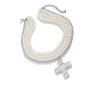 HONGXINHAO Collar de perlas y cruces para mujer, elegante gargantilla de capa dorada con colgante llamativo y cadena de hebillas ajustables, as the pic show, Cadena de hierro + perla de imitación +