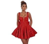 Hongyangjing Vestido corto con lentejuelas brillantes, cuello cuadrado, mini vestido de cóctel, tirantes delgados, vestido de graduación para adolescentes, rosso, 52