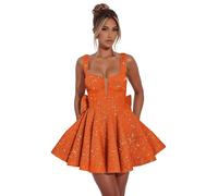 Hongyangjing Vestido corto con lentejuelas brillantes, cuello cuadrado, mini vestido de cóctel, tirantes delgados, vestido de graduación para adolescentes, naranja, 50