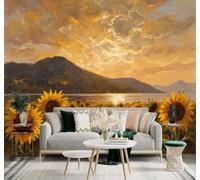 HongYouQi Papel Pintado 3D Puesta De Sol Montañas Lago Girasoles | Texturas Decorativas y Lujosas Ideales Para Oficinas Zonas de Estudio Hogares Dormitorios Salones Paredes con TV-300cm×210cm