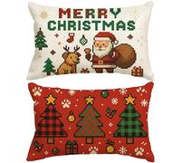 HONHHUO Juego de 2 fundas de cojín navideñas de 30 x 50 cm, de lino, en estilo pixel art con diseño de Papá Noel y perro, decoración festiva para sofá y salón, idea de regalo para los amantes de los
