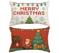 HONHHUO Juego de 2 fundas de cojín navideñas de 30 x 50 cm, de lino en estilo pixel art con Papá Noel y árbol de Navidad, decoración retro para sofá y salón, regalo festivo para Navidad
