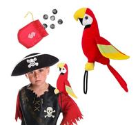 HONITANO Loro de Peluche para Hombro Pirata 2 Piezas Bolsa Roja de Dinero, Accesorio para Disfraz de Pirata Infantil, Modelo de Pájaro Artificial para Juego y Fiesta