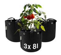 honju Growbag - Pack de 3 bolsas de tela 8l (Bolsa para plantas, bolsas de cultivo, tomateras maceta con agujeros reforzados para atar, Mejor crecimiento de las raíces, Evitar el encharcamiento)