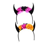 HONMEET 2 Piezas Diadema de Cuernos y Calavera para Halloween Accesorio para Fiestas Flores Decorativas de Unidades Cómodo para Adultos y Adolescentes