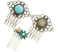 HONMEET Peinetas Vintage Cabello 3 Piezas Cristales y Perlas, Peines Laterales Metálicos Diseño de Hojas Verdes y Turquesa, Accesorios para Novia y Damas de Honor en Bodas