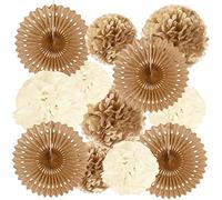 HONMOK 12PCS Abanicos de Papel boda vintage Flores de pompones papel Crema marrón Bola de Nido panal Pom Poms Ball linternas Ventilador Papel colgante despedida soltera Ducha Nupcial Fiesta Compromiso