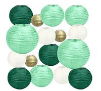 HONMOK 16pcs Linternas de papel Verde Oro Blanco Linternas de papel redonda colgante Farolillos de papel celestiales Decoración de fiesta boda jardín Ducha nupcial Cumpleaños primavera aniversario DIY