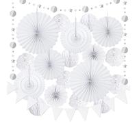 HONMOK 20pcs Abanicos de papel blancos Decoración para bodas Flores de pompones de papel Bolas de panal Pom Poms Ball linternas guirnaldas con puntos Ventilador Papel cadena de lunares blancos