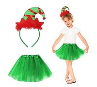 HONMOK 2pcs disfraces de elfo de Navidad niña Disfraz Duende navideña con Tutú falda verde diadema para el pelo traje de Navidad fiesta de Navidad cosplay fiesta de carnaval
