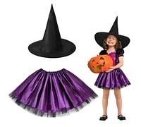 HONMOK 2pcs Disfraz de Bruja de Halloween para niños Tutú Púrpura con Sombrero de Bruja Negro Falda corta Conjunto de Cosplay para Niñas para Disfraz Halloween Fiesta infantil Juego de Rol Regalo