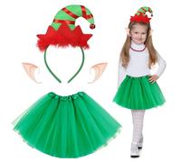 HONMOK 3pcs disfraces de elfo de Navidad niña Disfraz Duende navideña con Tutú falda verde diadema para el pelo orejas de elfo traje de Navidad fiesta de Navidad cosplay fiesta de carnaval