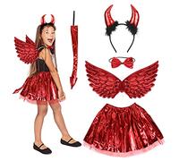 HONMOK 5pcs Disfraz de diablo para niñas Disfraz de Maléfica fantasía vampira reina malvada Diadema de cuerno Cola rojo Tutú ala de ángel Collar de lazo Juego de cosplay Halloween Fiesta