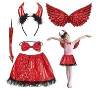 HONMOK 5pcs Disfraz de Diablo para niños Rojo Disfraz de Maléfica fantasía Vampira Reina Malvada Diadema de Cuerno Cola Tutú Lentejuelas ala de ángel Collar de Lazo Juego de Cosplay Halloween Fiesta