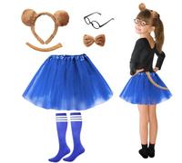 HONMOK 6Pcs Disfraz de ardillas para niña Halloween Vestido Falda tutú azul Diadema de orejas de ardilla calcetines a rayas cola gafas de marco Juego de traje de cosplay fiesta ropa Juego rol regalo