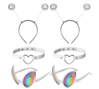 HONMOK 6pcs Gafas de alienígena Accesorios de disfraz de alienígena Plateado Diadema de antena marciana Collar para Disfraz de Alien Marcianos Set De Película Moda Para fiesta Carnaval niños adultos