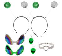 HONMOK 6pcs Gafas de alienígena Accesorios de disfraz de alienígena verde Plateado Diadema de antena marciana Collar para Disfraz de Alien Pendientes de Favores Verdes Marcianos Set De Película Moda