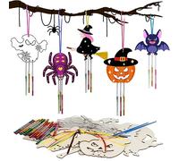HONMOK 9pcs Carillón de Viento de Halloween Madera para niños Campana de Viento de Graffiti Ocio Creativo DIY Artes manualidad para Pintar Decoración Colgante de otoño Interior Exterior Regalo Fiesta