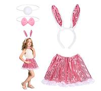 HONMOK Disfraz de Conejo de Pascua para niña Vestido Tutú Rosa con Orejas de Conejo y Cuello de Lazo Accesorios de Ropa Cosplay de Conejito para Pascua