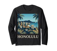 Honolulu Hawaii Retro Vintage Horizonte Costero Paisaje Arte Manga Larga