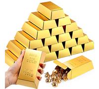 Honoson 48 cajas de regalo falsas de barra dorada, cajas de recuerdo de fiesta, cajas de papel dorado, ladrillo del tesoro para decoraciones de fiesta temática de casino pirata, dulces, juguetes de