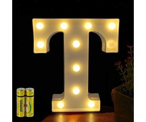 HONPHIER® Letras luminosas alfabeto luminoso lámpara LED letra, luces de letra, decoración, operador a pilas para recepciones, fiestas, bodas, casa, bar, decoración (T)