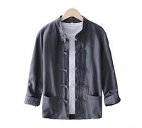 Honseadek Camisa de manga larga con botones para hombre, estilo chino, cuello alto, color sólido, poliéster, casual, fiesta, vacaciones, uso diario, azul oscuro (2XL, gris oscuro)