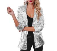 Honseadek Chaqueta blazer de lentejuelas para mujer con mangas largas, solapa con purpurina para fiestas, discotecas, raves o eventos de moda de otoño e invierno (XXL plateado)