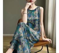 Honseadek Vestido floral de cuello redondo para mujer, talla grande, L-4XL | Estampado floral vibrante, diseño sin mangas, suelto para mayor comodidad, ideal para el calor del verano, tela transpirable
