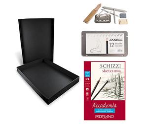 Honsell 14-99889 - Set de dibujo Disegno, set de artista en estuche negro con lápices, 9 accesorios de dibujo y cuaderno de dibujo A4