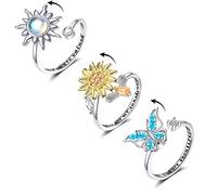 Honsny Anillos para ansiedad para mujeres y niñas, anillo giratorio ajustable para aliviar la ansiedad, girasol, mariposa, abeja, estrella, luna, alivio del estrés, anillos giratorios para adultos