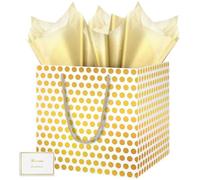 HONTIUS 11.8" Cuadrado Bolsa Regalo, Puntos Dorado Bolsa Regalo Grande con Papel de Pañuelos de Papel y Tarjetas, 30*30*30cm Bolsas de Regalo Gift Bags para Cumpleaños Fiestas Navidad boda 1 Piezas D