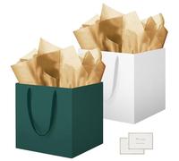 HONTIUS 11.9" Bolsa Regalo, 2 Piezas Cuadrado Bolsa Regalo Grande con Papel de Pañuelos de Papel y Tarjetas, 30 * 30 * 30cm Bolsas de Regalo Gift Bags con Sonrisa para Cumpleaños Fiestas Verde Blanco
