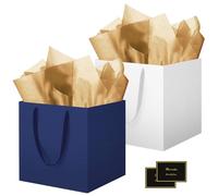 HONTIUS 11.9" Bolsa Regalo, 2 Piezas Cuadrado Bolsa Regalo Grande con Papel de Pañuelos de Papel y Tarjetas, 30 * 30 * 30cm Bolsas de Regalo Gift Bags con Sonrisa para Cumpleaños Fiestas Azul Blanco
