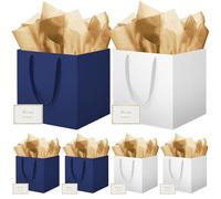 HONTIUS 11.9" Bolsa Regalo, 6 Piezas Cuadrado Bolsa Regalo Grande con Papel de Pañuelos de Papel y Tarjetas, 30 * 30 * 30cm Bolsas de Regalo Gift Bags con Sonrisa para Cumpleaños Fiestas Azul Blanco