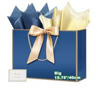 HONTIUS 15.75" Bolsa Regalo Grande, Azul Bolsas de Regalo Verticales con Papel de Pañuelos de Papel y Tarjetas, 40*30*12.5cm Bolsa Regalo XXL Gift Bags Maxi para Cumpleaños Fiestas Celebraciones Boda